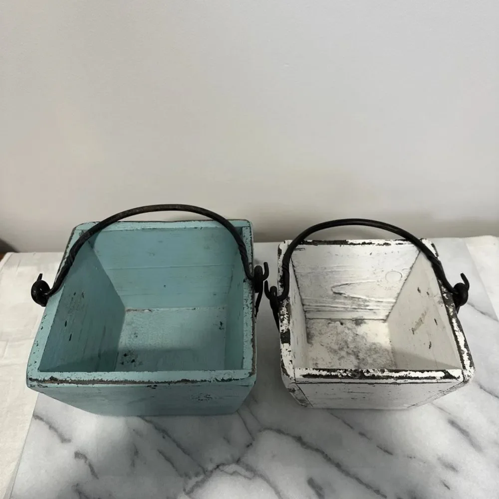 Antique wood buckets pails Rustic Metal Set of 2 - Blue and White